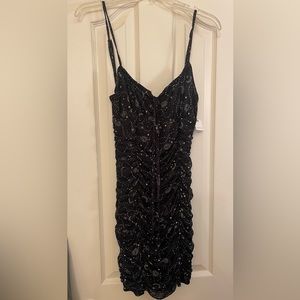 Junior stretchy black spaghetti strap dress